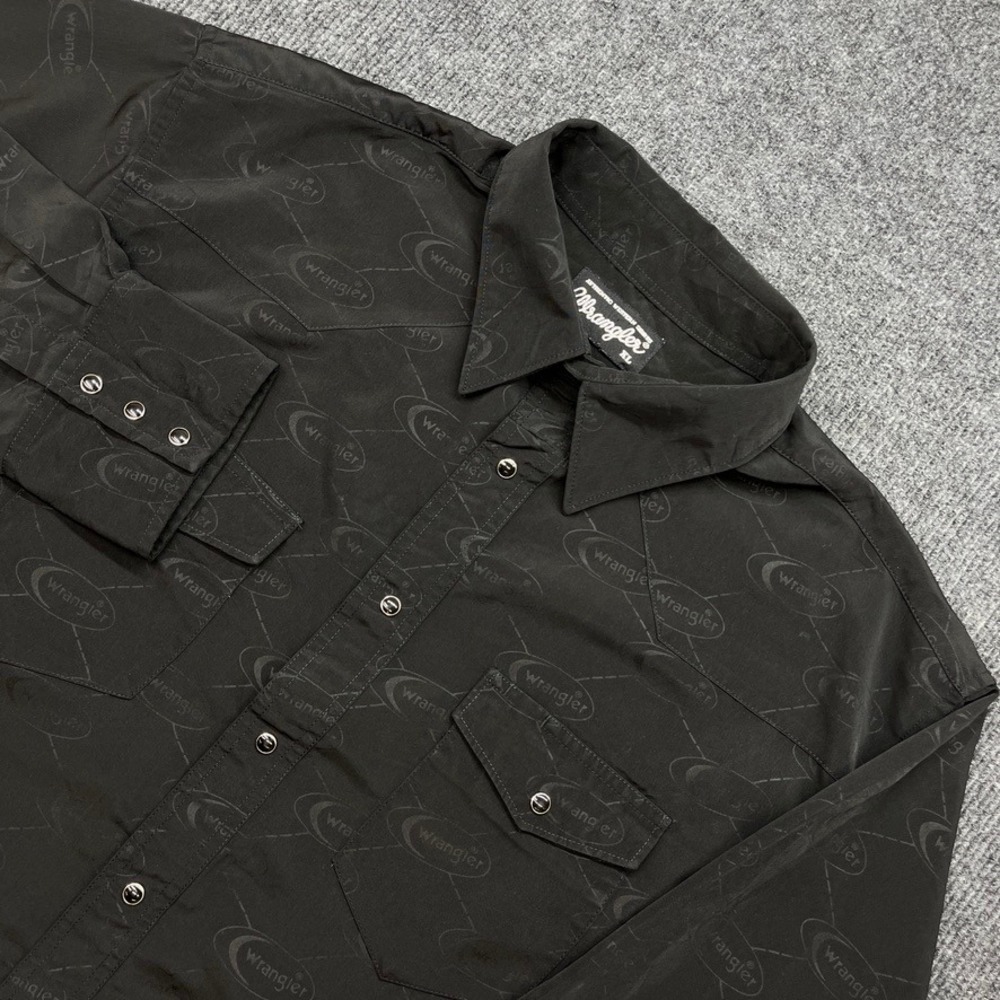 Wrangler Western Shirt XL Black Logo Print Snap Button Long Sleeve Y2K Cowboy